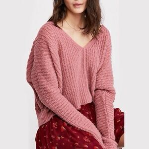 Free People Moonbeam V-Neck Sweater‎ Pink Large NWOT Oversized Bohemian